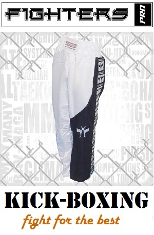 FIGHTERS - Pantaloni da Kickboxing / Raso / Bianco-Nero / Medium